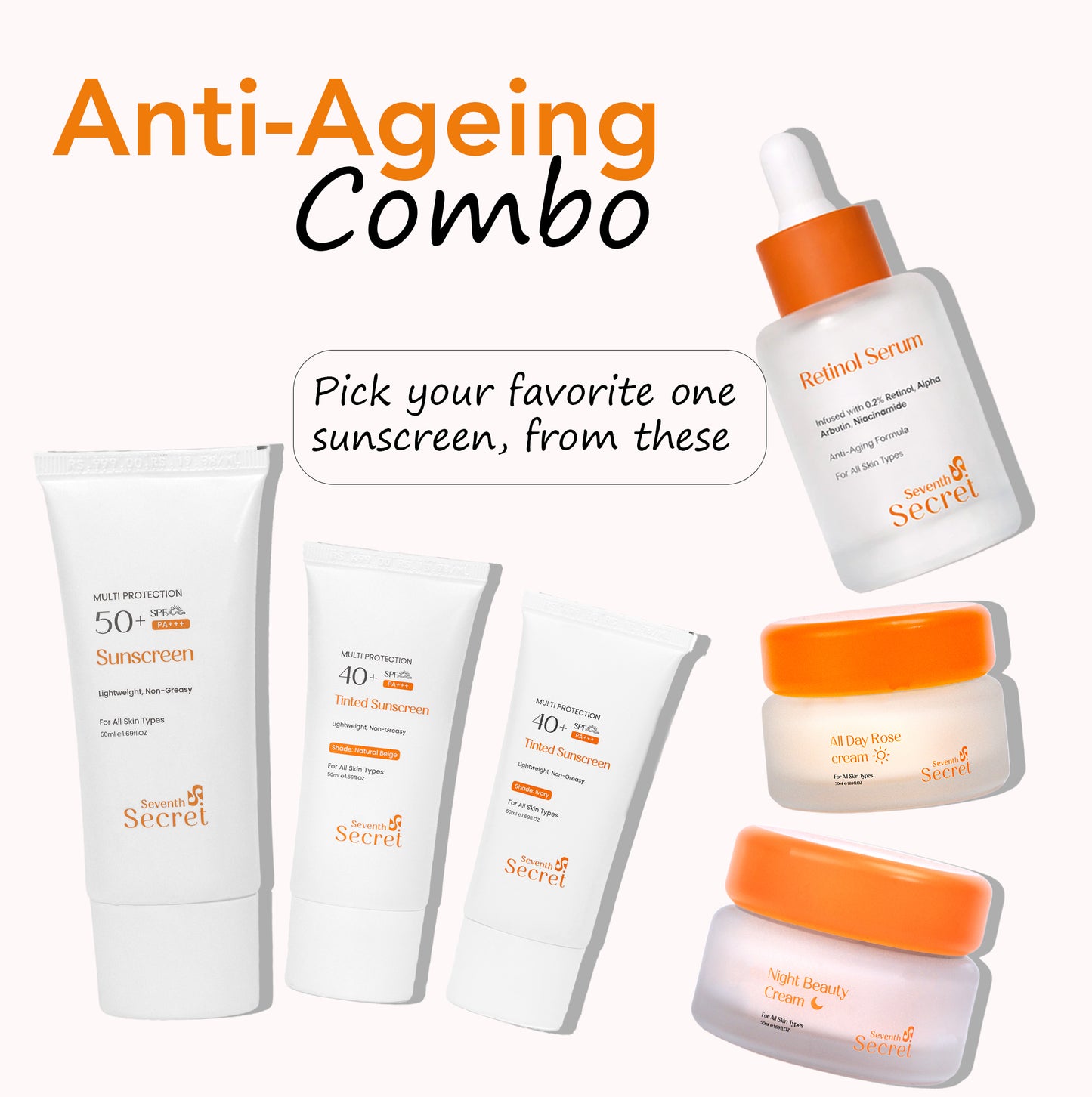 Seventh Secret Anti-Aging Combo with retinol serum rose cream night cream and sunscreen